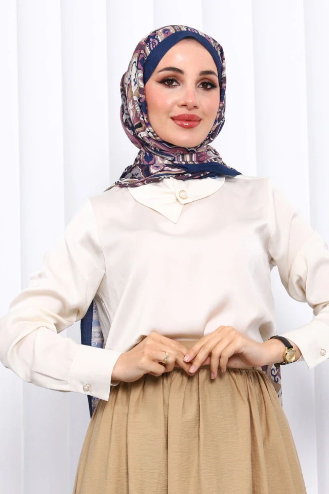 Lacivert Desenli Kraş Şal