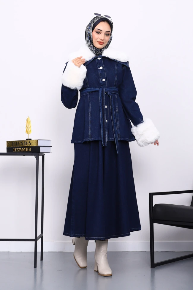 Lacivert Kol Yaka Kürklü Kot Ceket Etek Takım