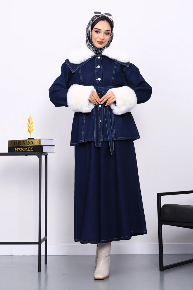 Lacivert Kol Yaka Kürklü Kot Ceket Etek Takım