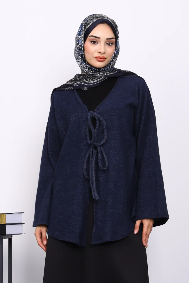 Lacivert Ön Bağlamalı Yumoş Kimono