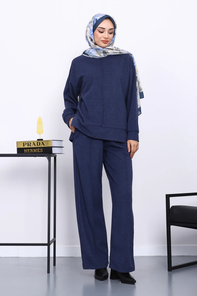 Lacivert Üst ve Pantolonu Nervür Dikişli Selanik Takım