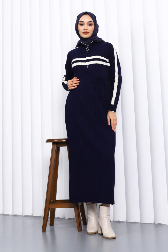 Lacivert Yaka Fermuarlı Fitilli Çizgili Triko Elbise