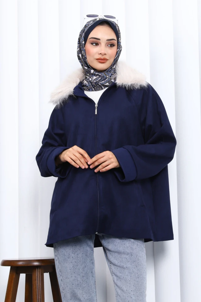 Lacivert Yaka Kürk Detaylı Süet Ceket