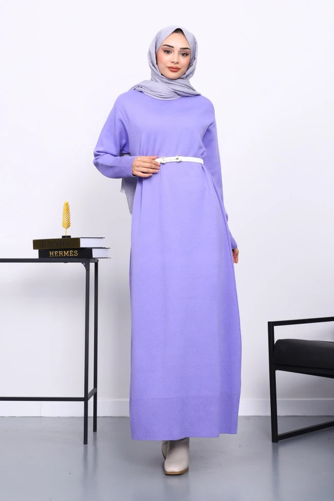 Lila Bisiklet Yaka Triko Elbise