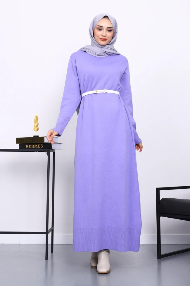 Lila Bisiklet Yaka Triko Elbise