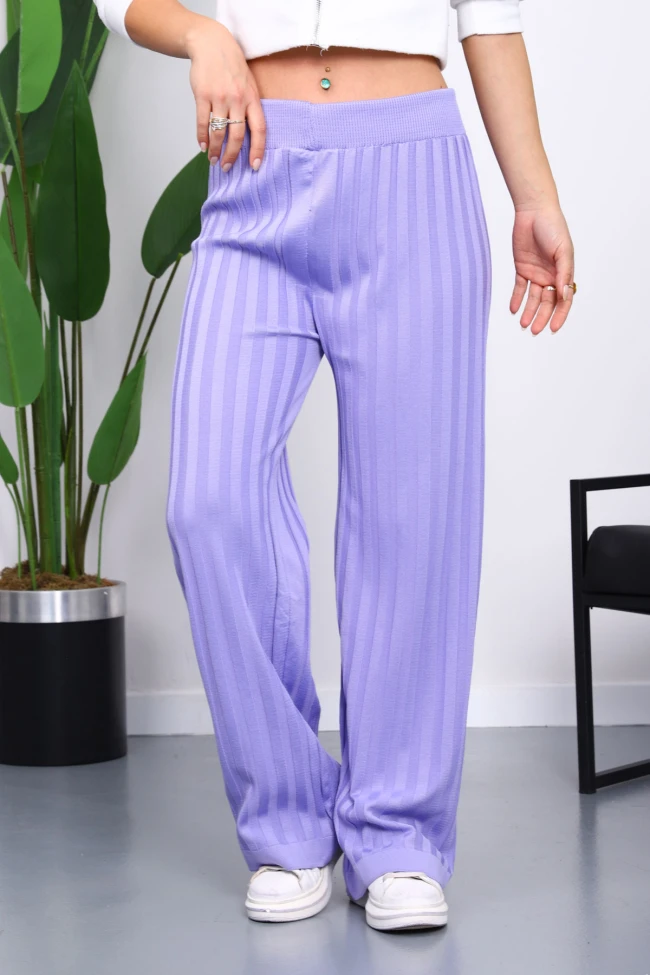 Lila Yüksek Bel Fitilli Bol Paça Triko Pantolon