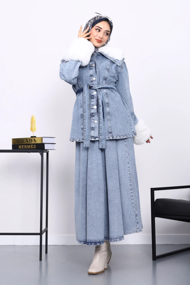 Mavi Kol Yaka Kürklü Kot Ceket Etek Takım