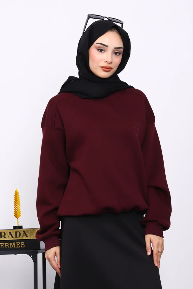 Mürdüm Bisiklet Yaka Şadonlu Üç iplik Sweat