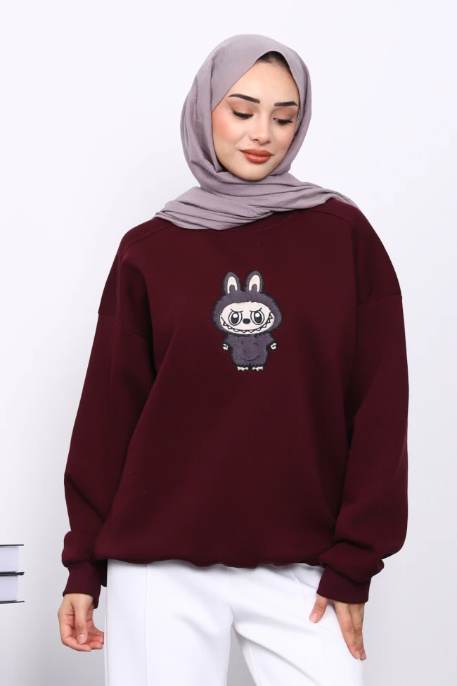 Mürdüm Bisiklet Yaka Üç İplik Sweat