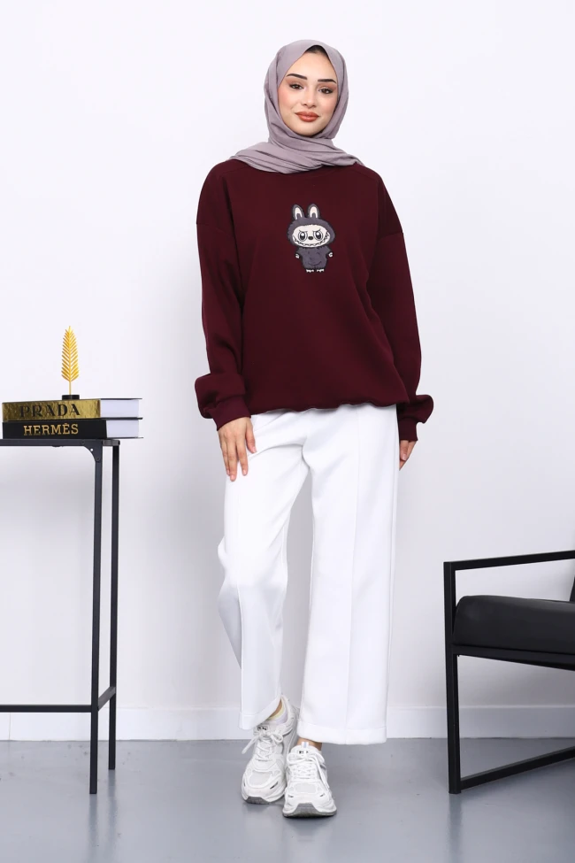 Mürdüm Bisiklet Yaka Üç İplik Sweat