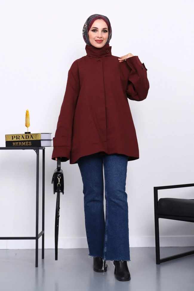 Mürdüm Düğmeli Astarlı Gabardin Ceket