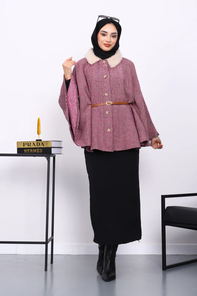 Pembe Yaka Kürklü Kemerli Panço