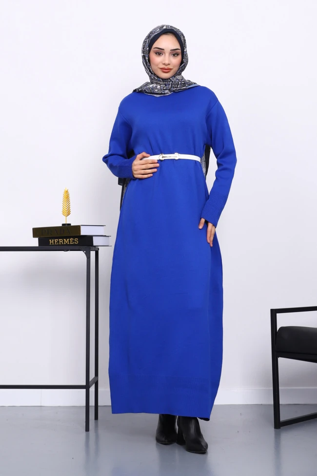 Saks Mavi Bisiklet Yaka Triko Elbise