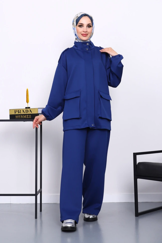 Saks Mavi Fermuarlı Scuba Ceket Pantolonlu Takım