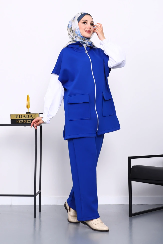 Saks Mavi Fermuarlı Yelek Pantolonlu Scuba Takım