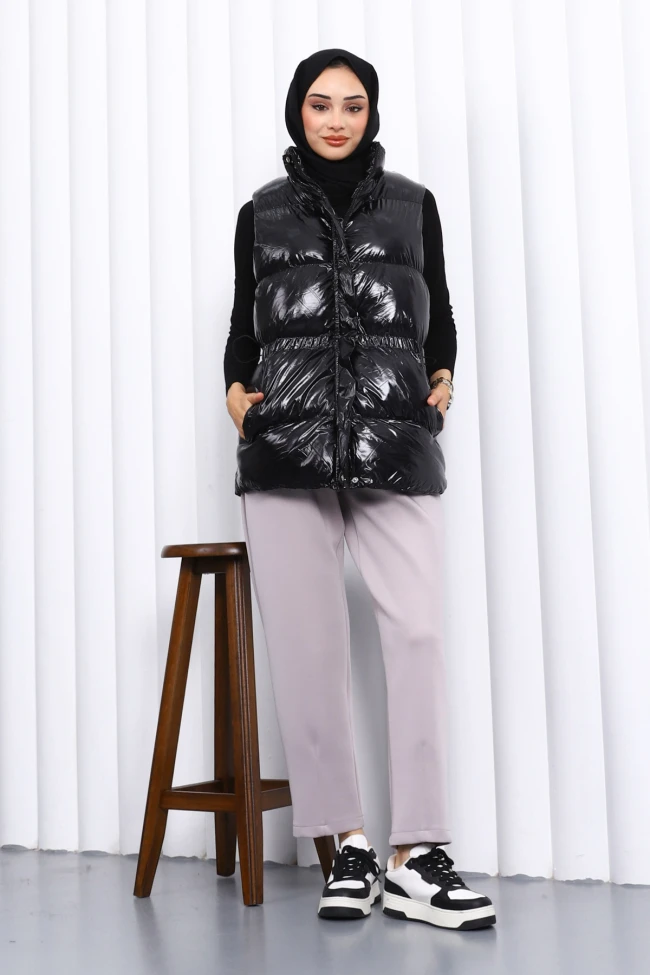 Siyah Bel Lastikli Çift Cepli Şişme Yelek