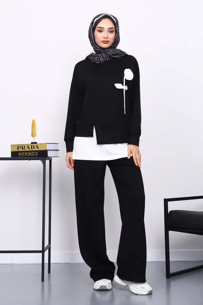 Siyah Bisiklet Yaka Gül Detaylı Tunik Pantolonlu Modal Takım