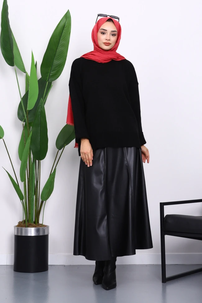 Siyah Bisiklet Yaka Yumuşak Dokulu Oversize Triko Kazak