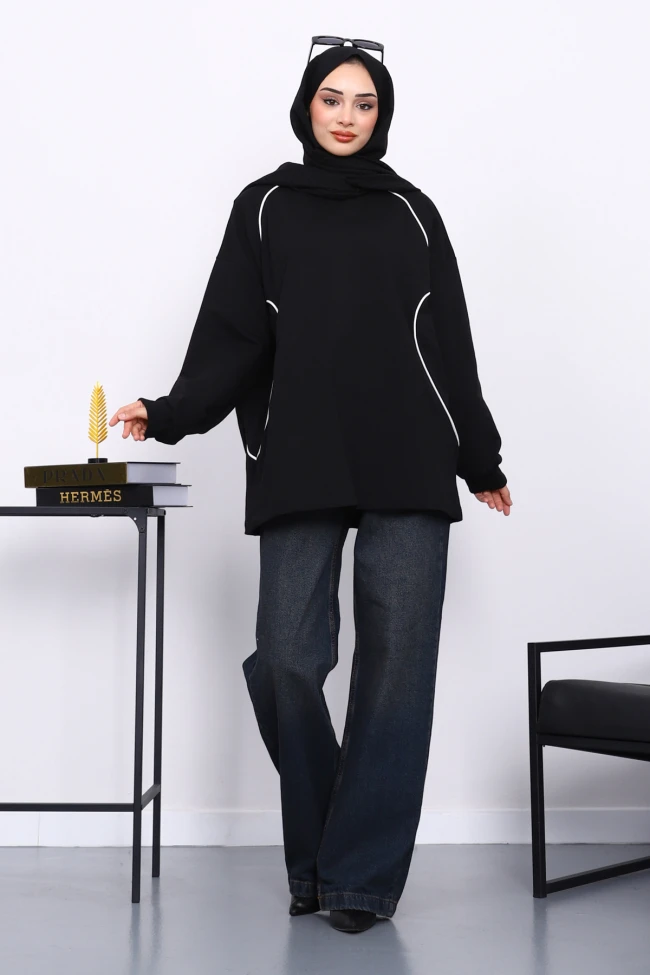 Siyah Biyeli İki İplik Sweatshirt