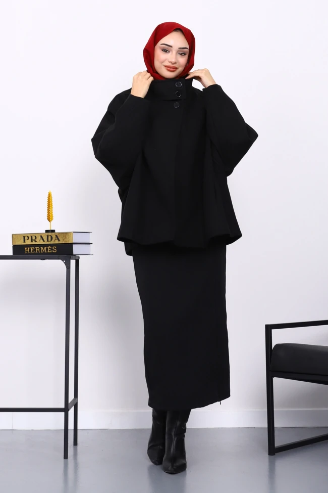Siyah Cepli Oversize Kaşe Kaban