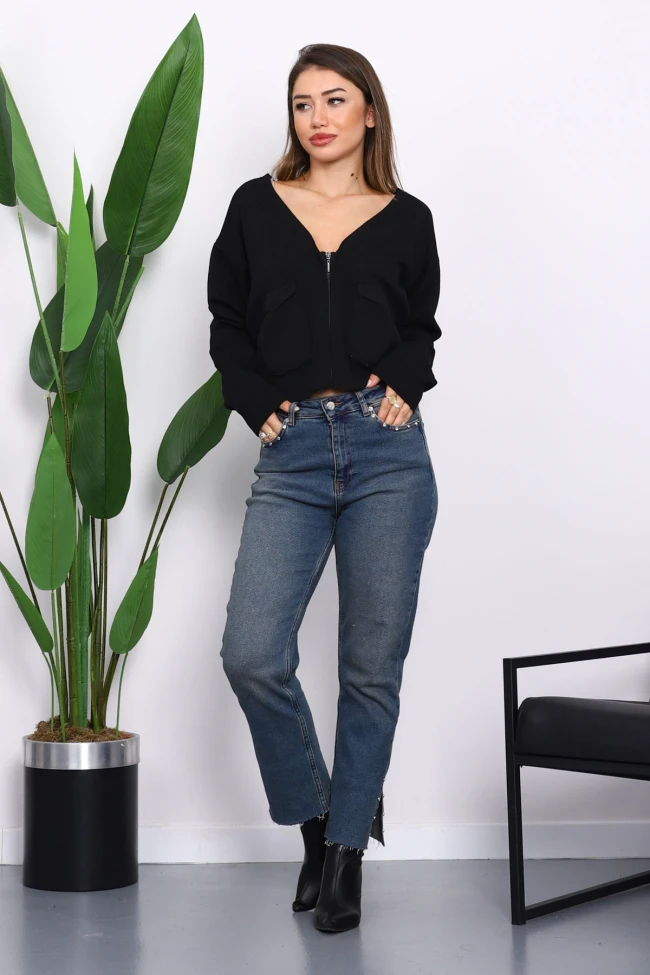 Siyah Çift Cepli Fermuarlı Triko Hırka