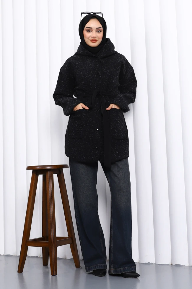 Siyah Çırçıtlı Kuşaklı Kaşe Ceket