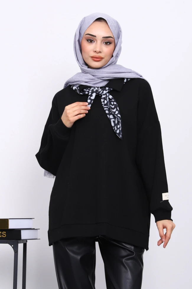 Siyah Gömlek Yaka Fittilli Tunik
