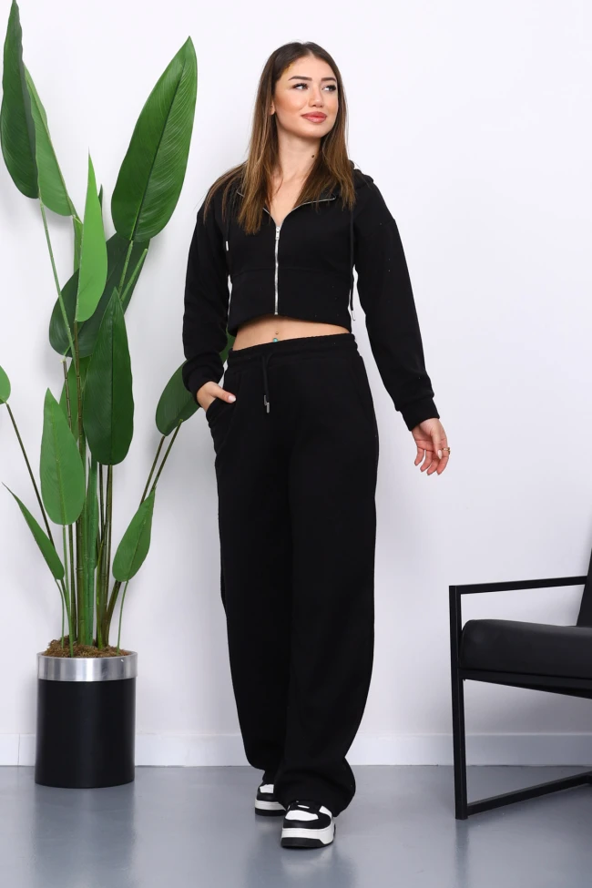 Siyah Kapşonlu Hırka Pantolonlu Selanik Takım