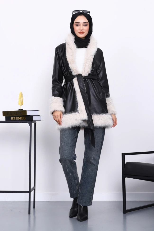 Siyah Kürk Detaylı Kuşaklı Deri Trenç Ceket