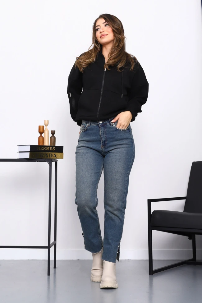 Siyah Sağ Kol Fermuarlı Cepli Üç İplik Sweat Hırka