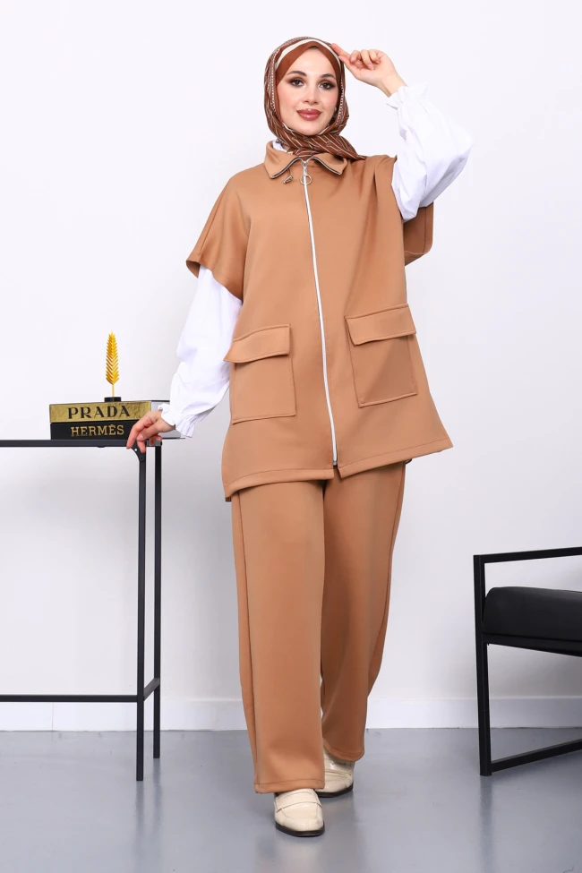 Taba Fermuarlı Yelek Pantolonlu Scuba Takım