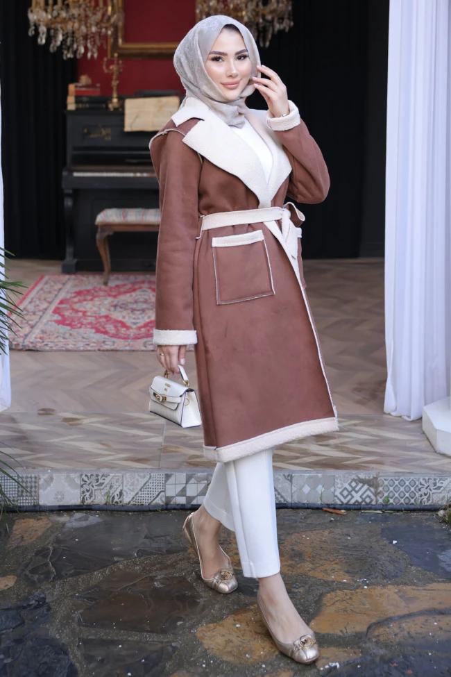 Taba Kruvaze Yaka İçi Kürklü Süet Kaban