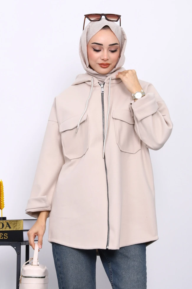 Taş Kapşonlu Çift Cepli Kaşe Ceket