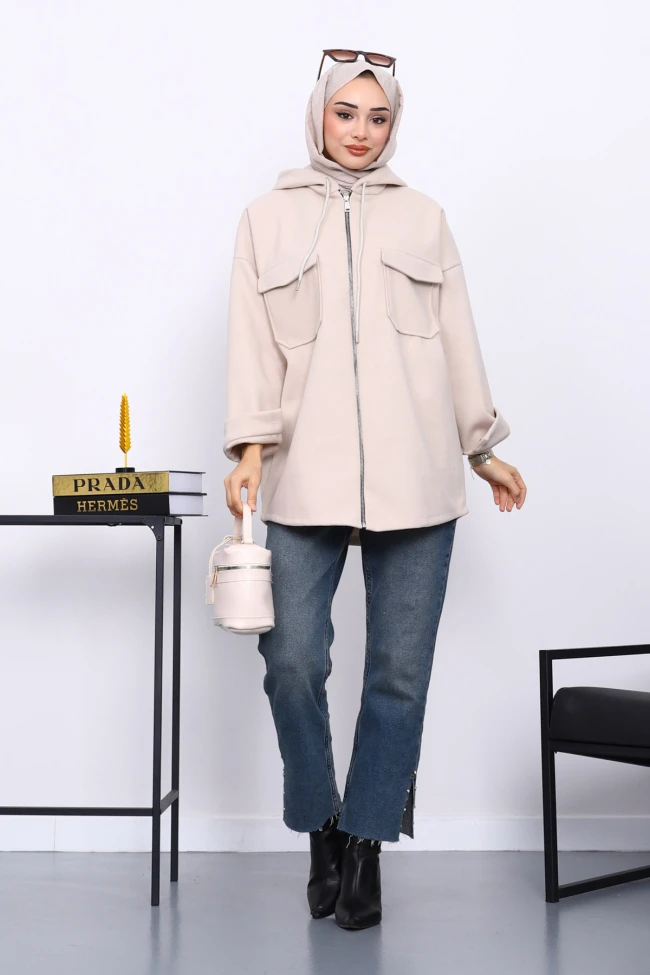 Taş Kapşonlu Çift Cepli Kaşe Ceket