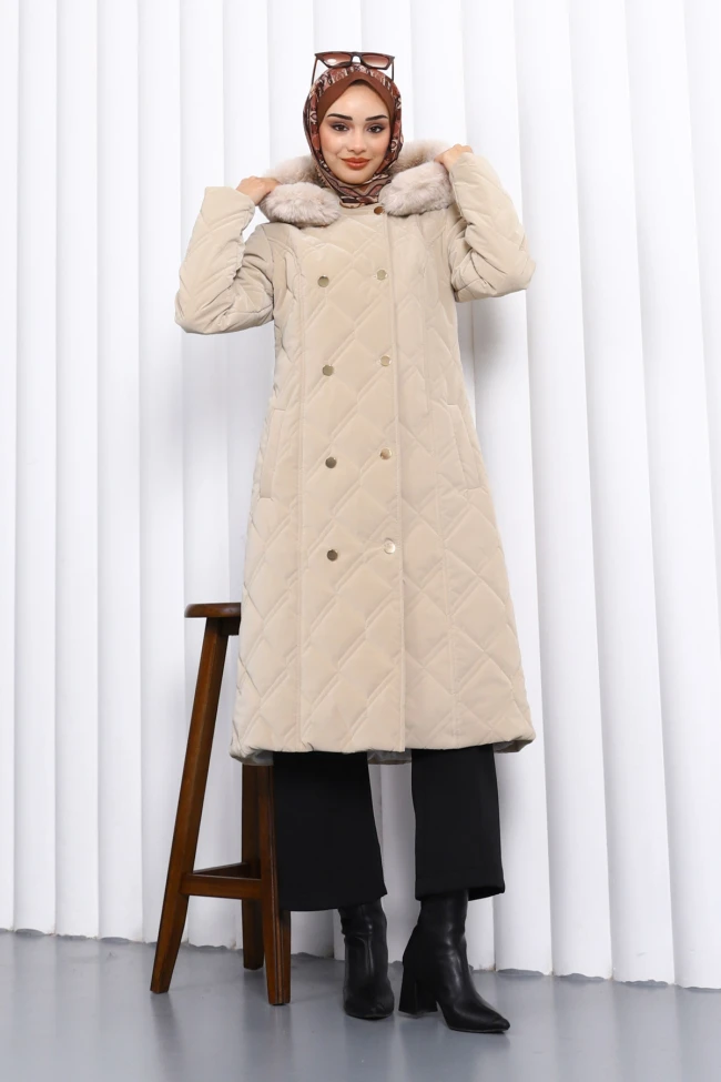 Taş Kapüşonlu Kapitone Uzun Mont