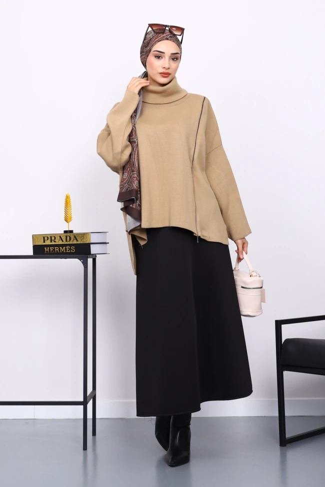 Vizon Balıkçı Yaka Fermuarlı Triko Tunik