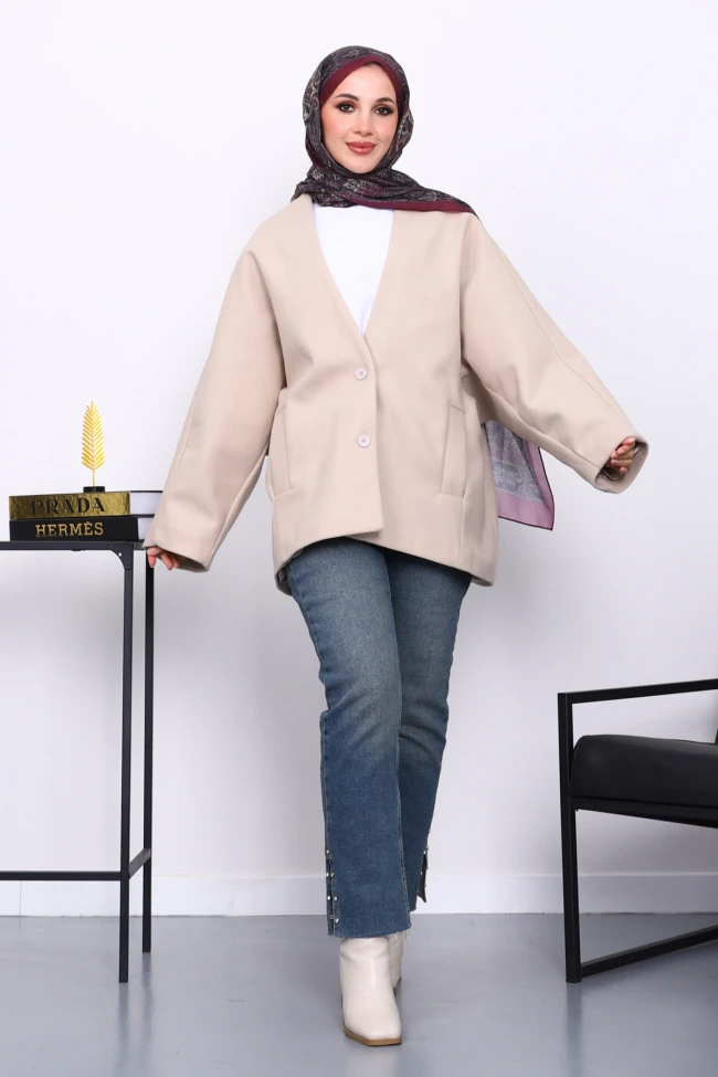 Vizon Düğme Detaylı Astarlı Kaşe Ceket