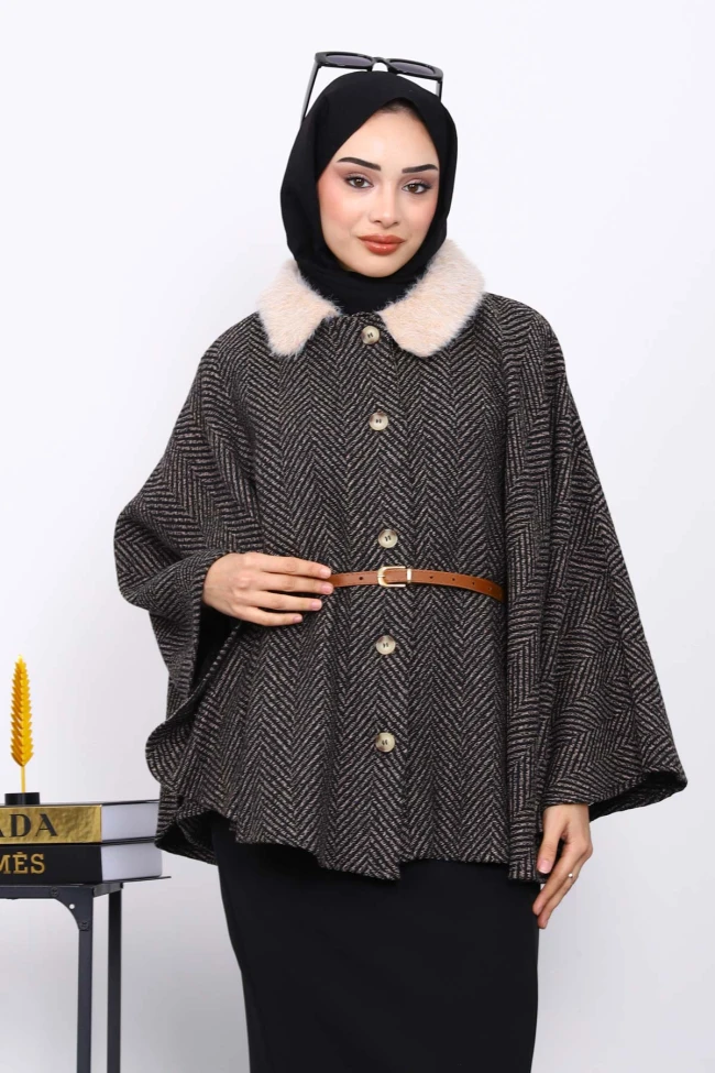 Vizon Yaka Kürklü Kemerli Panço