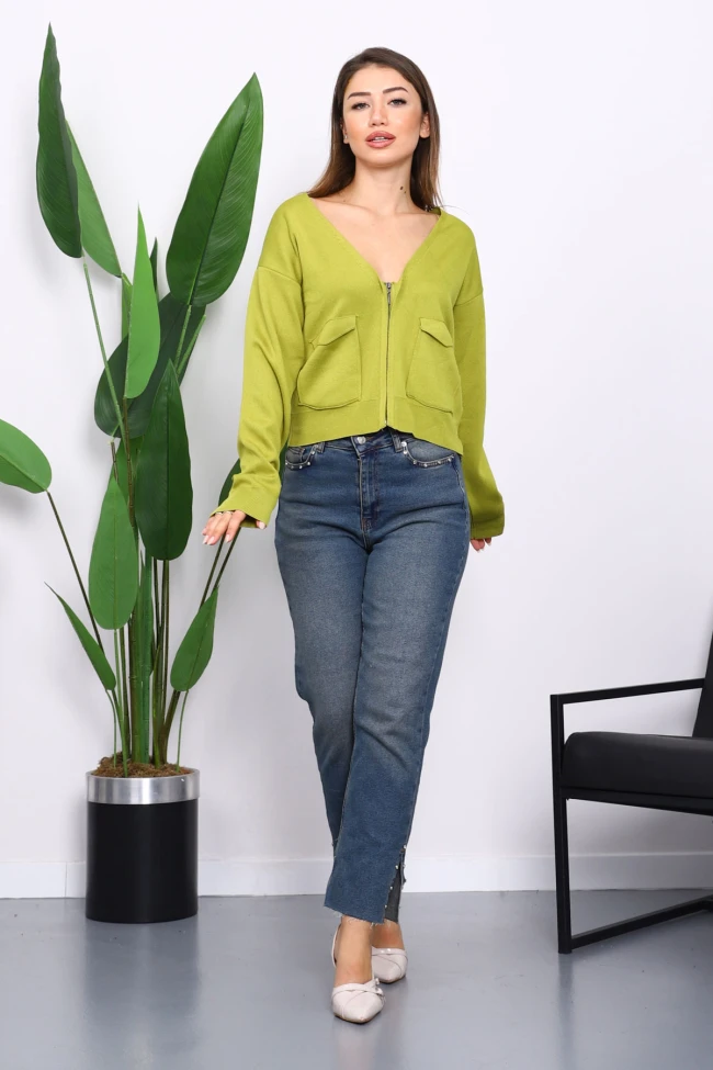 Yağ Yeşili Çift Cepli Fermuarlı Triko Hırka