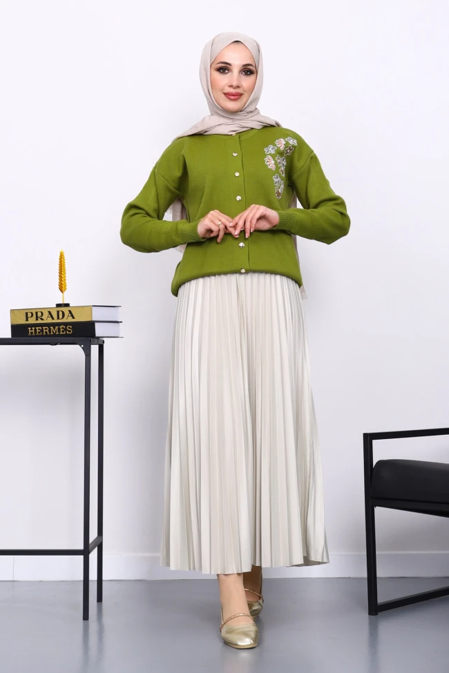 Yağ Yeşili Nakışlı Düğmeli Triko Hırka