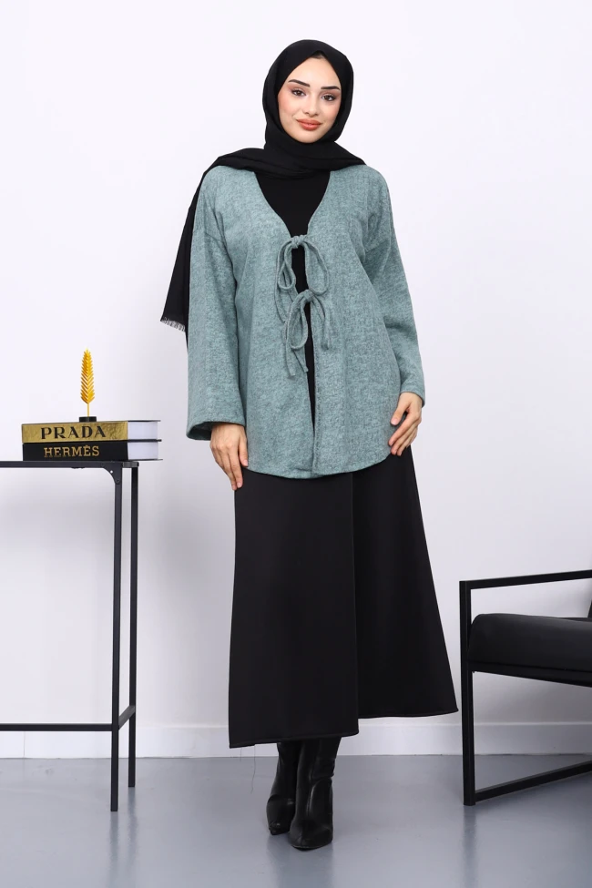 Yeşil Ön Bağlamalı Yumoş Kimono