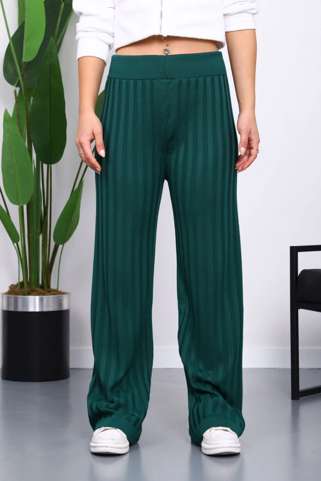 Zümrüt Yeşili Yüksek Bel Fitilli Bol Paça Triko Pantolon