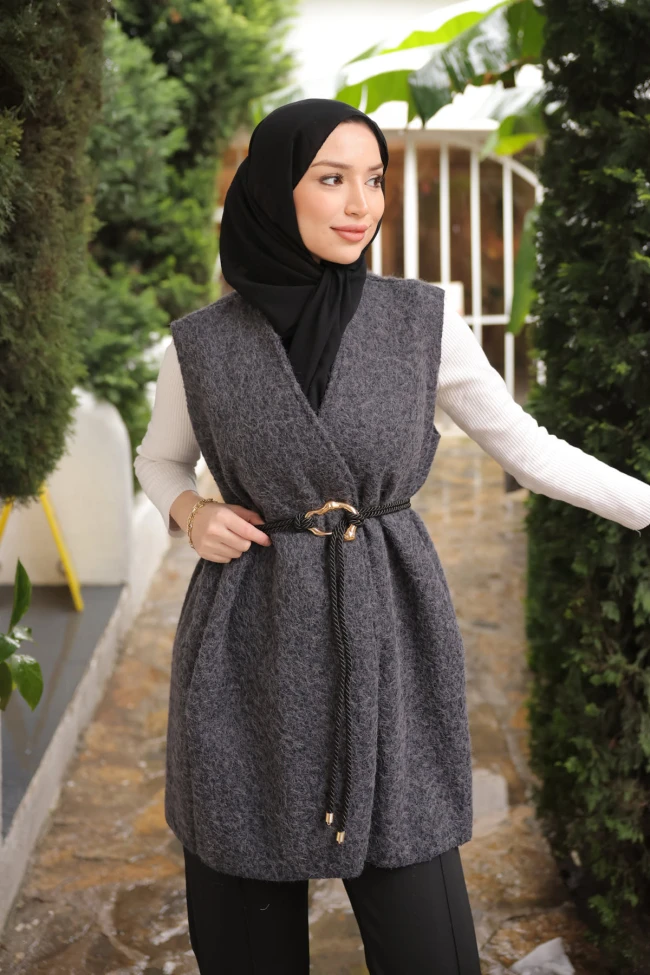 Antrasit Bel Bağlamalı Kaşe Yelek