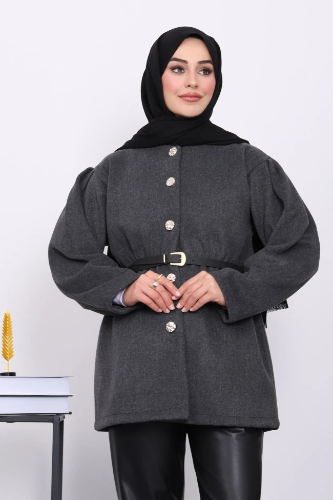 Antrasit Bel Lastikli Kemerli Kaşe Çeket