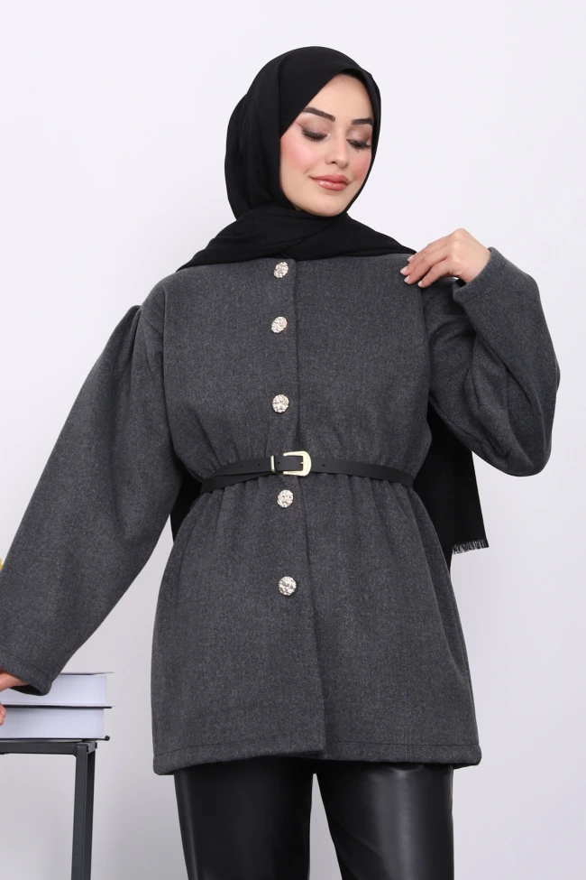 Antrasit Bel Lastikli Kemerli Kaşe Çeket