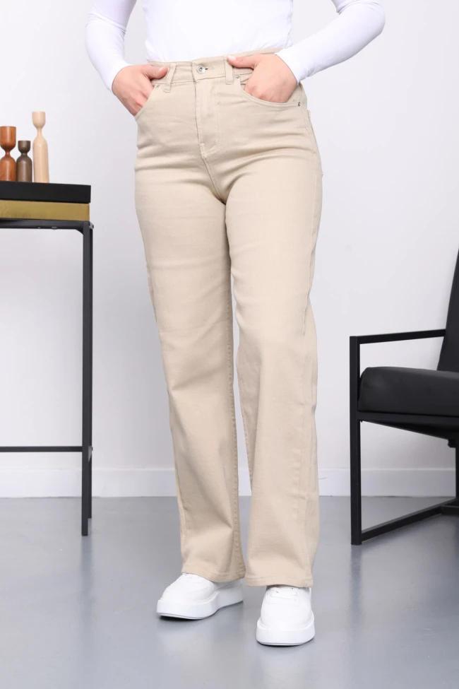 Bej Yüksek Bel Palazzo Kot Pantolon