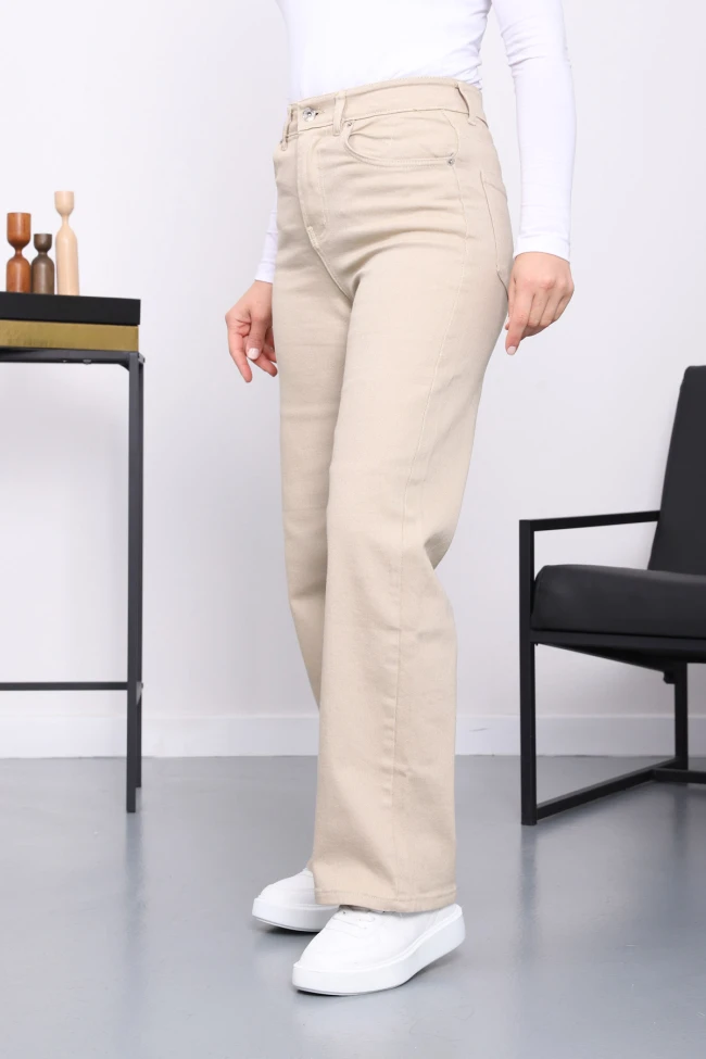 Bej Yüksek Bel Palazzo Kot Pantolon