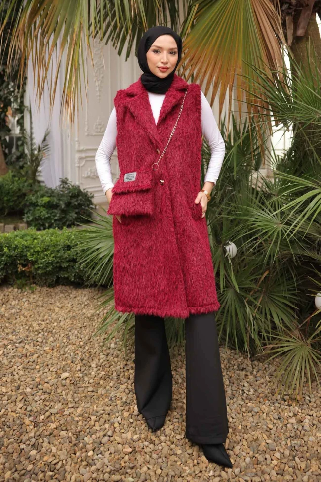 Bordo Çanta Hadiyeli Angora Pelüş Kürk Yelek