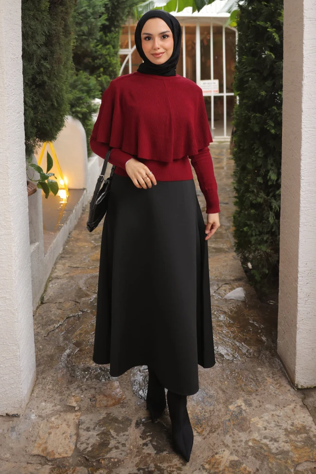 Bordo Pelerin Detaylı Fitilli Triko Kazak