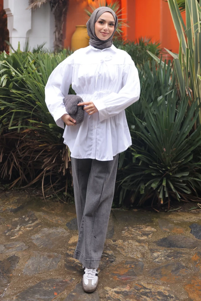 Ekru Bel Lastikli Düğmeli Tunik